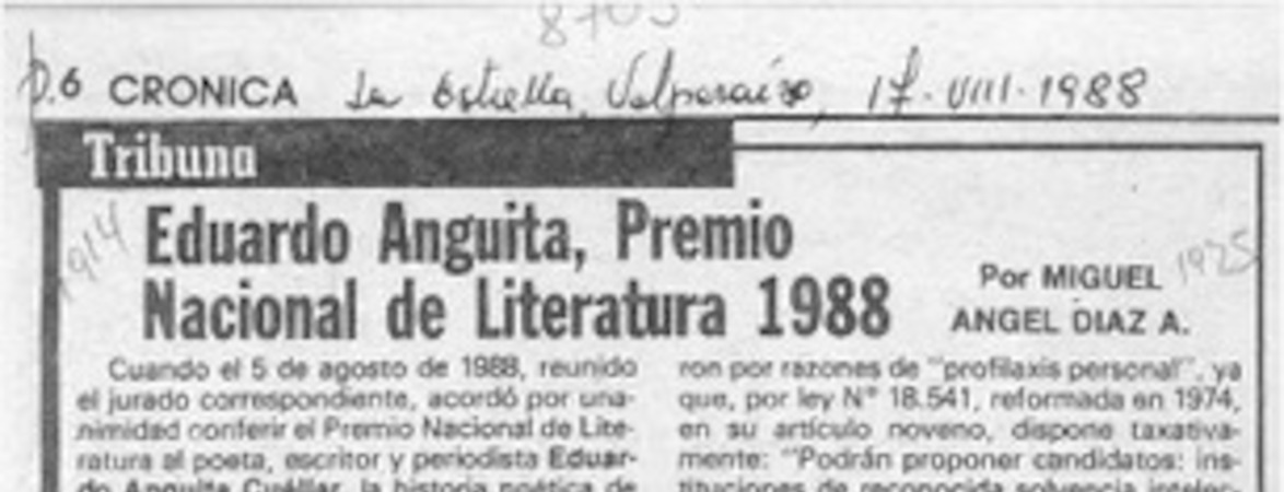 Eduardo Anguita, Premio Nacional de Literatura 1988  [artículo] Miguel Angel Díaz A.