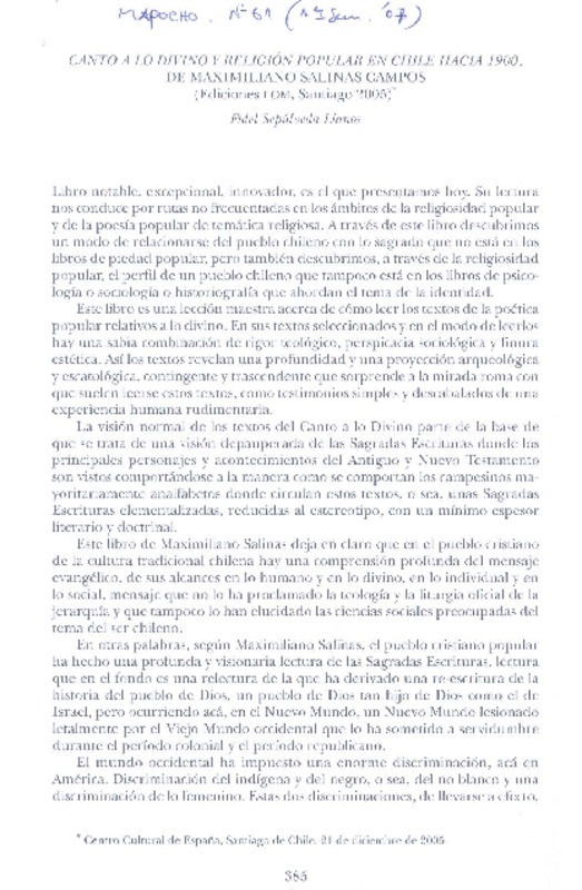 Canto a lo divino y religión popular  [artículo] Fidel Sepúlveda Llanos.