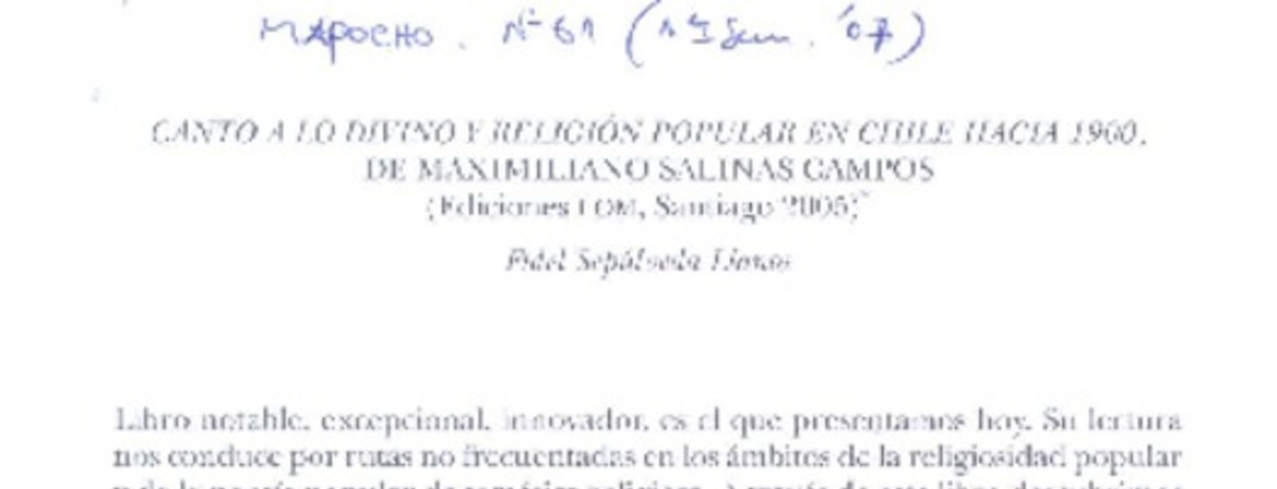 Canto a lo divino y religión popular  [artículo] Fidel Sepúlveda Llanos.