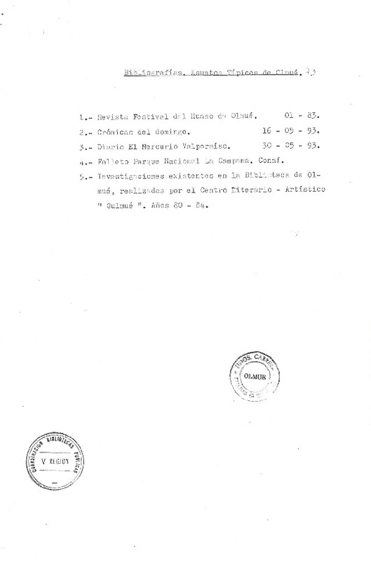 Asuntos tïpicos de Olmué Bibliografías. [manuscrito] :