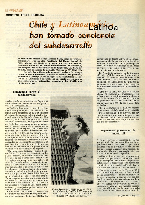 Chile y Latinoamérica han tomado conciencia del subdesarrollo sostiene Felipe Herrera. [artículo] :
