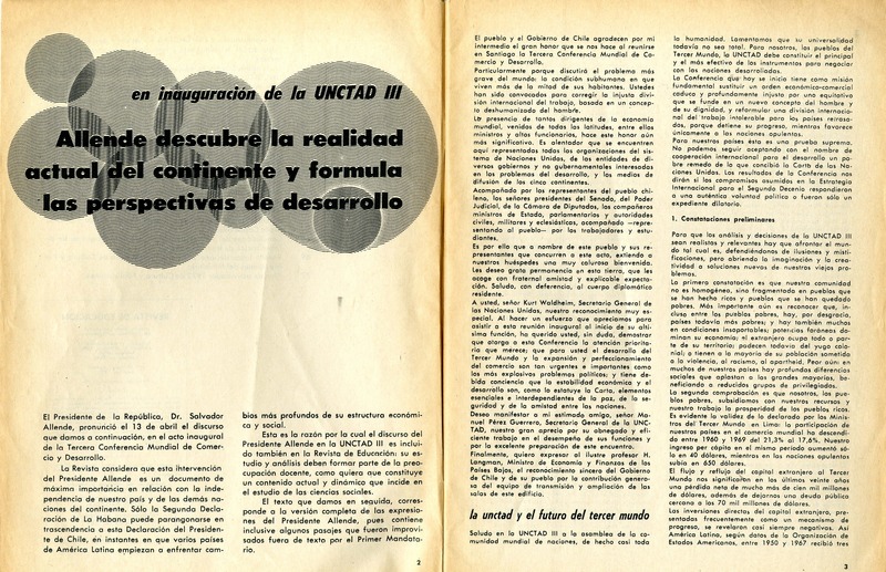 En inauguración de la UNCTAD III Allende descubre la realidad actual del continente y formula las perspectivas de desarrollo. [artículo] :