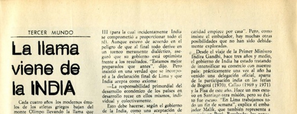 La llama viene de la INDIA Tercer mundo [artículo] : Abraham Santibáñez.