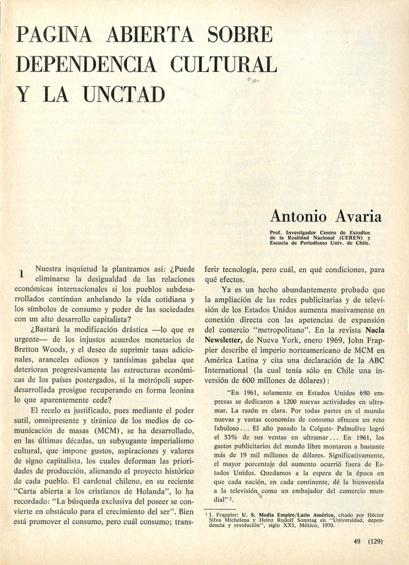 Página abierta sobre depedencia cultural y la UNCTAD  [artículo] Antonio Avaria.