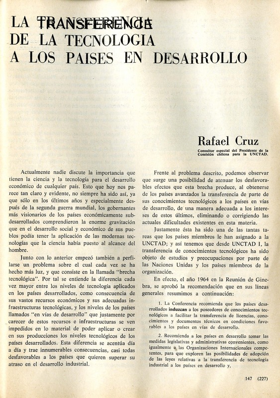 La transferencia de la tecnología a los países en desarrollo  [artículo] Rafael Cruz.