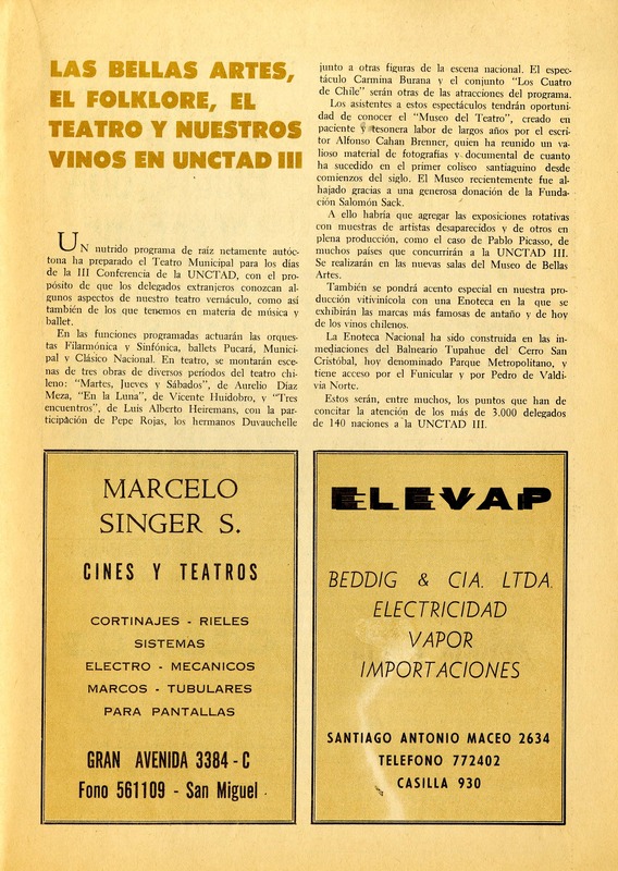 Las bellas artes, el folklore, el teatro y nuestros vinos en UNCTAD III  [artículo].