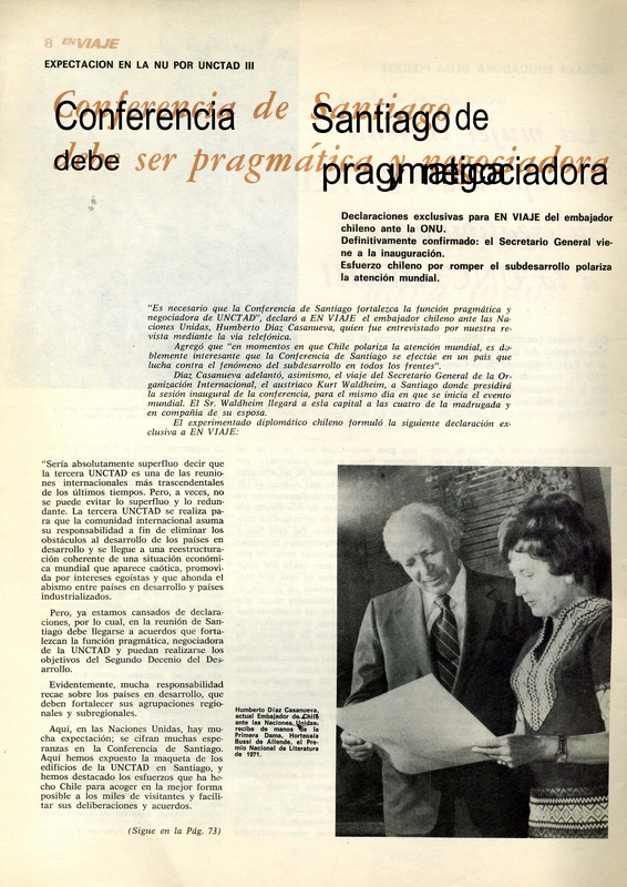 Conferencia de Santiago debe ser prágmatica y negociadora expectación en la NU por UNCTAD III. [artículo] :