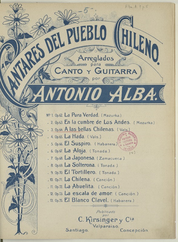 A las bellas chilenas vals [para canto y guitarra] [música] arreglada por A. Alba.