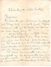 [Carta], 1926 ag. 22 Santiago, Chile <a>, Vicente Huidobro, Francia