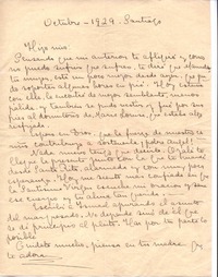 [Carta], 1929 oct. Santiago, Chile <a> Vicente Huidobro, Paris, Francia