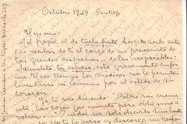 [Carta], 1929 oct. Santiago, Chile <a> Vicente Huidobro, Paris, Francia