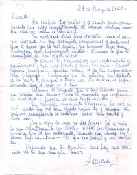 [Carta], 1945 mayo 27 Santiago, Chile <a> Vicente Huidobro  [manuscrito] Ximena Amunátegui.