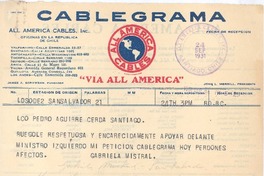 [Telegrama], 1931 sept. 24 San Salvador, El Salvador <a> Pedro Aguirre Cerda, Chile