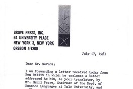 [Carta] 1961 jul. 27 Oregon, Estados Unidos [a] Pablo Neruda
