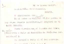 [Carta], 1907 agosto 26 Madrid, España <a> D.M. Pérez Villavicencio