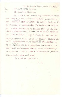[Carta], 1907 sep. 24 Paris, Francia <a> Ricardo Rojas