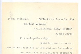 [Carta], 1902 ene. 24 Paris, Francia <a> José M. Drago