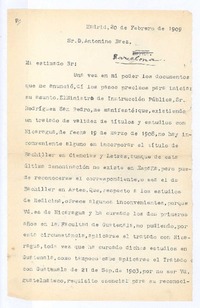 [Carta], 1909 feb. 20 Madrid, España <a> Antonio Báez