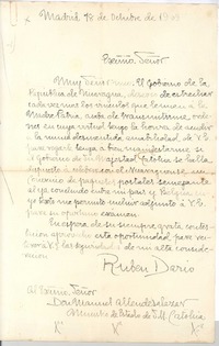 [Carta], 1909 oct. 18 Madrid, España <al Ministro de su Majestad Católica>