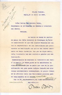 [Carta], 1906 abr. 23 Paris, Francia <a> Modesto Valle