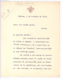 [Carta], 1913 oct. 9 México <a> Rubén Darío