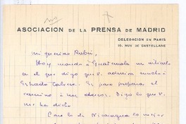 [Carta], 1896 Paris, Francia <a> Rubén Darío