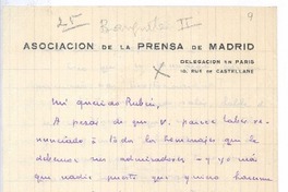 [Carta], c.1900 Paris, Francia <a> Rubén Darío