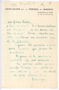 [Carta], c.1900 Paris, Francia <a> Rubén Darío