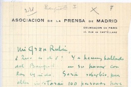 [Carta], c.1900 Paris, Francia <a> Rubén Darío