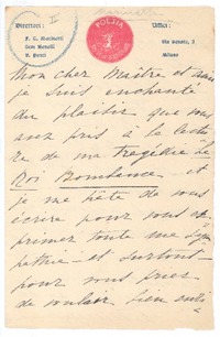 [Carta], c1900 Milán, Italia <a> Rubén Darío