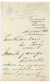[Carta], 1906 abr. 6 Caracas, Venezuela <a> Rubén Darío
