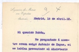 [Carta], 1912 abr. 15 Madrid, España <a> Rubén Darío