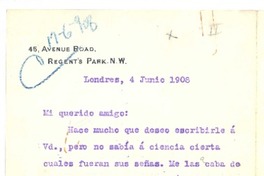 [Carta], 1908 jun. 4 Londres, Inglaterra <a> Rubén Darío