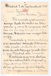 [Carta], 1908 sep. 3 Madrid, España <a> Rubén Darío