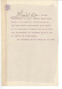 [Carta] 1921 sep. 21 San Bernardo, Chile [a] Manuel Magallanes Moure