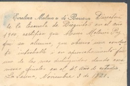 [tarjeta], 1921 nov. 3 La Serena, Chile <a> María Melania Paz