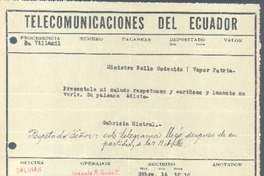 [Telegrama], c.1930 sep. 16 Ecuador <a> Emilio Bello Codecido