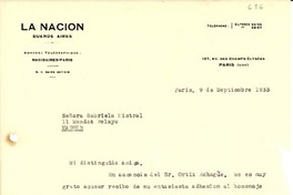 [Carta] 1933 sep. 9, París [a] Gabriela Mistral, Madrid