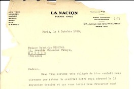 [Carta] 1933 oct. 4, París [a] Gabriela Mistral, Madrid