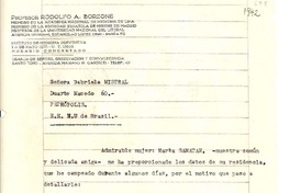 [Carta] 1942, Santa Fe, [Argentina] [a] Gabriela Mistral, Petrópolis, [Brasil]