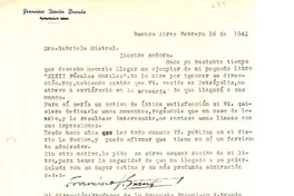 [Carta] 1942 feb. 16, Buenos Aires [a] Gabriela Mistral [Petrópolis, Brasil]