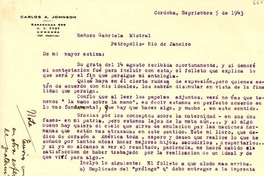 [Carta] 1943 sept. 5, Córdoba, [Argentina] [a] Gabriela Mistral, Petrópolis, [Brasil]