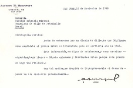 [Carta] 1945 nov. 12, San Juan, Argentina [a] Gabriela Mistral, Consulado de Chile, Petrópolis, Brasil