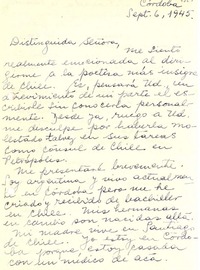 [Carta] 1945 sept. 6, Córdoba, Argentina [a] Gabriela Mistral, Petrópolis, [Brasil]