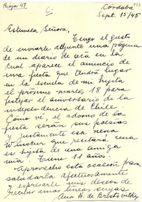 [Carta] 1945 sept. 15, Córdoba [Argentina a] Gabriela Mistral, Petrópolis, [Brasil]