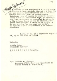 [Carta] 1945 nov. 15, Chivilcoy, Buenos Aires, Argentina [a] Gabriela Mistral, Petrópolis, Brasil