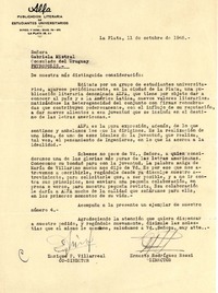 [Carta] 1945 oct. 11, La Plata, Argentina [a] Gabriela Mistral, Consulado del Uruguay, Petrópolis, [Brasil]