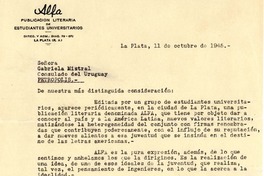 [Carta] 1945 oct. 11, La Plata, Argentina [a] Gabriela Mistral, Consulado del Uruguay, Petrópolis, [Brasil]