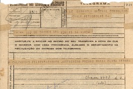 Telegrama [1945 nov. 16, B. Aires, Arg. [a] Gabriela Mistral, Consulado Chile Petrópolis, R. J.