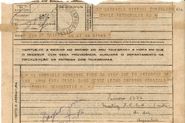 [Telegrama 1945 nov. 16], B. Aires, [Argentina] [a] Gabriela Mistral, Consulado Chile Petrópolis R.J.